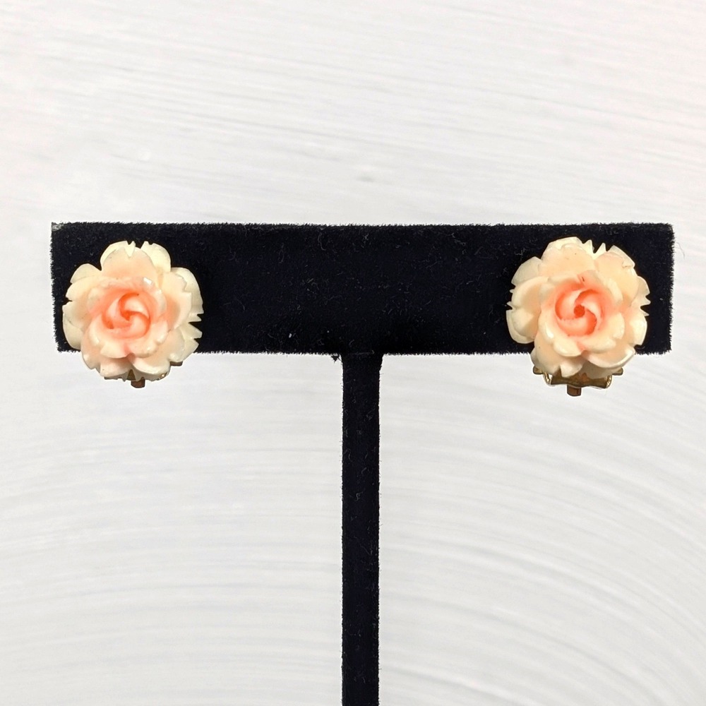 Vintage Celluloid Rose Flower Clip On Earrings Cream Peach Blush 3D Carved